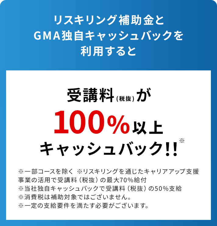 リスキリング補助金とGMS独自キャッシュバックを利用すると受講料が100%以上キャッシュバック
