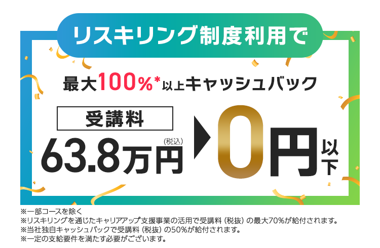 リスキリング制度利用で最大100%以上キャッシュバック 受講料が63.8万円（税込み）が0円以下に