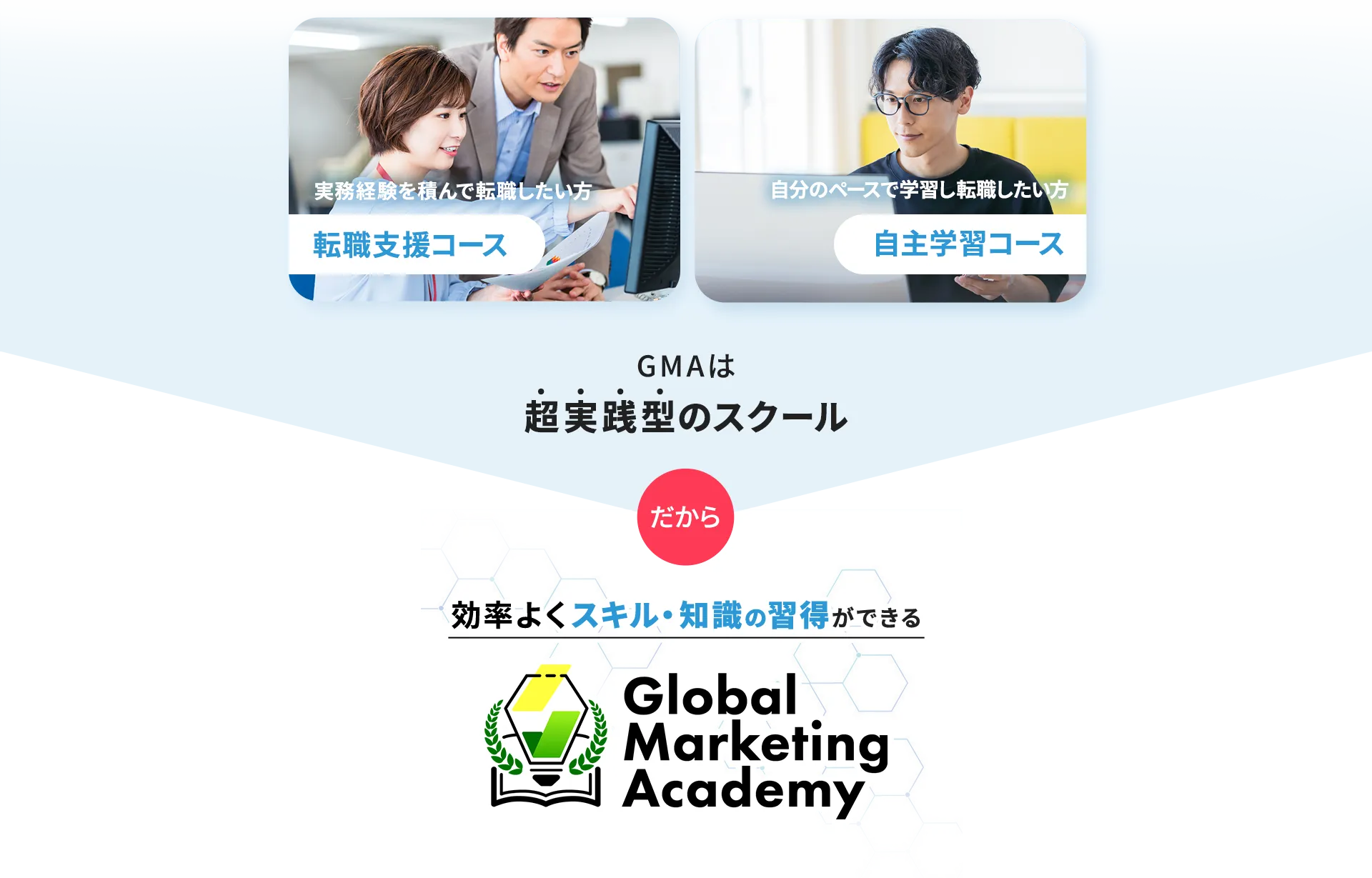 実務経験を積んで転職したい方・転職支援コース、自分のペースで学習し転職したい方・自主学習コース