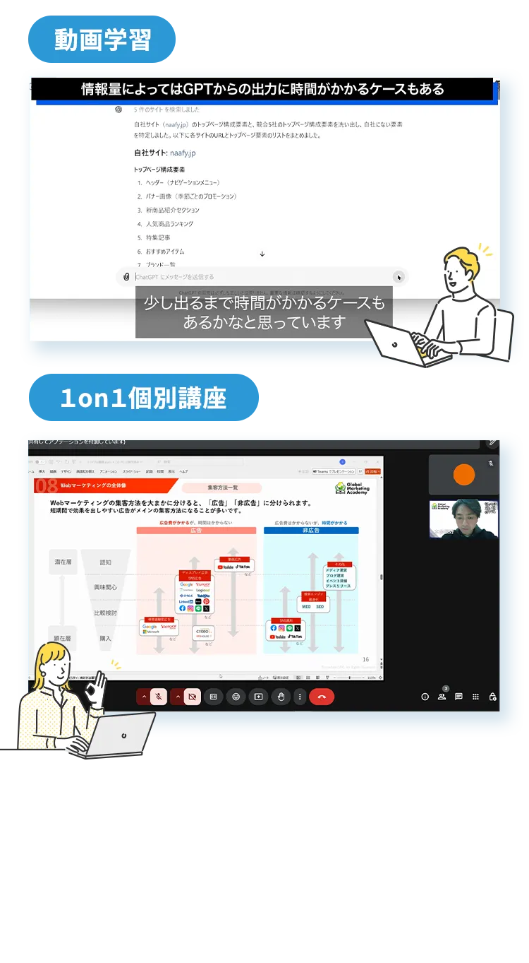 動画学習、１on１個別講座