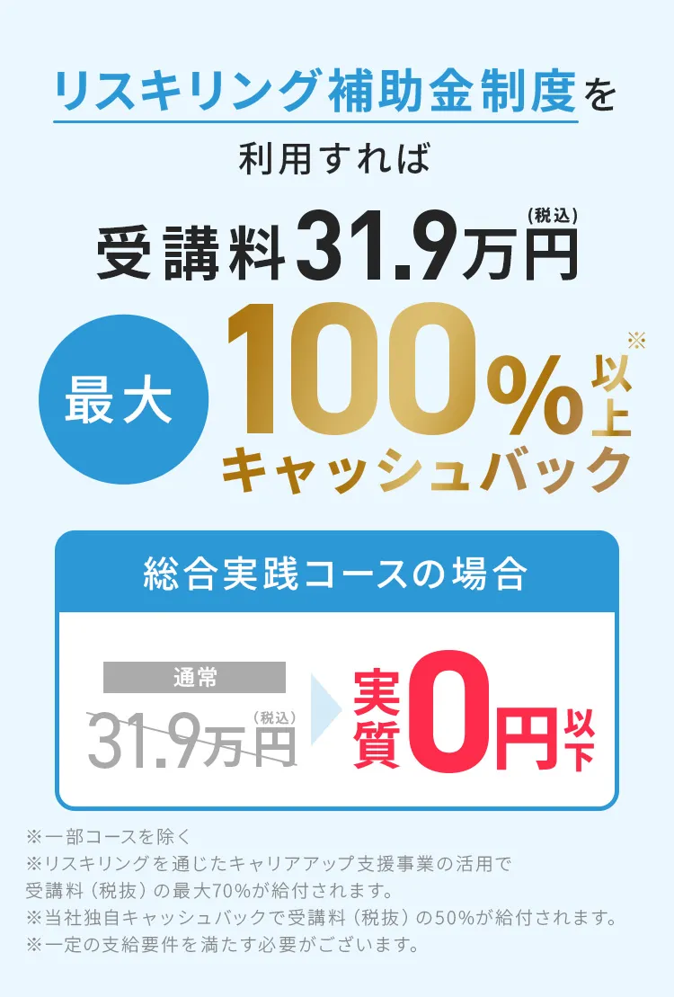 リスキリング補助金制度を利用すれば受講料31.9万円が最大100%キャッシュバック