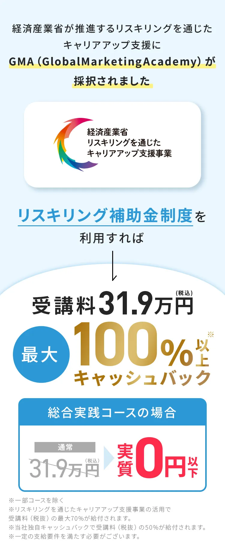 経済産業省が推進するリスキリングを通じたキャリアアップ支援事業にGMA（GlobalMarketingAcademy）が選ばれました　リスキリング補助金制度を利用すれば受講料31.9万円が最大100%キャッシュバック