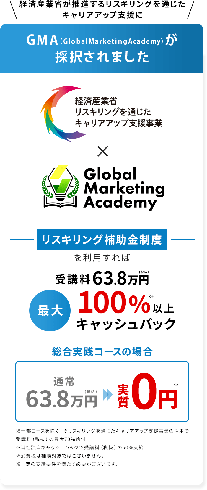 経済産業省が推進するリスキングを通じたキャリアアップ支援にGMAが採択されました！リスキリング補助金制度を利用すれば受講料63.8万円（税込み）が最大100%以上キャッシュバック